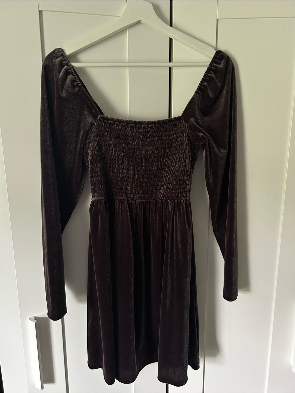 GAP Long Sleeve Velvet Smocked Mini Dress - Dark Brown